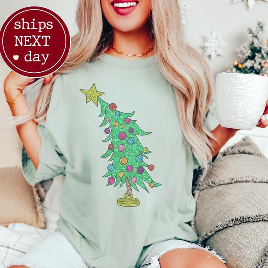 Christmas Tree T-Shirt Whimsical Holiday Tshirt Snow Faux Tee Bright Tree T-Shirt Christmas Lights Tshirt Santa Claus Tee Pink Christmas T-Shirt Matching PJ Tshirt Trending Christmas Tee Shortsleeve Top Womenswear Casual