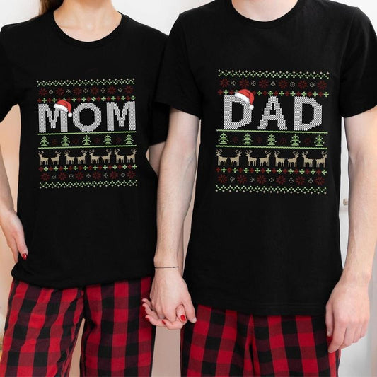 Christmas Ugly New Mom And Dad Shirt, Matching Mom And Dad Christmas Tshirt, New Parents Xmas Gift, Christmas Pregnancy Tee, Unisex Short Sleeve Tee Shirt