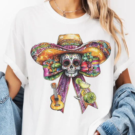 Cinco De Mayo Skull Bow Graphic Tee Sugar Skull Mexican Festival Tshirt Mexico Independence Day Shirt