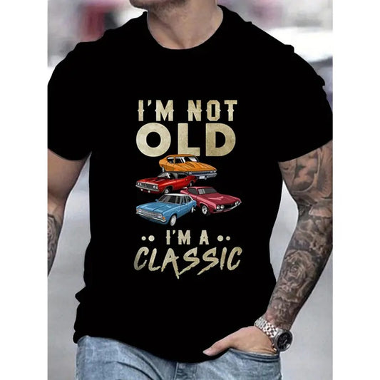 Classic Car Pattern Print Tee - Men's Crew Neck Short Sleeve T-Shirt for Summer Fashion, Casual Street Wear, and Vintage Car Enthusiasts - Unique Graphic Design and Humorous "I'M NOT OLD I'M A CLASSIC" Quote Made in USAstyle{n002}2