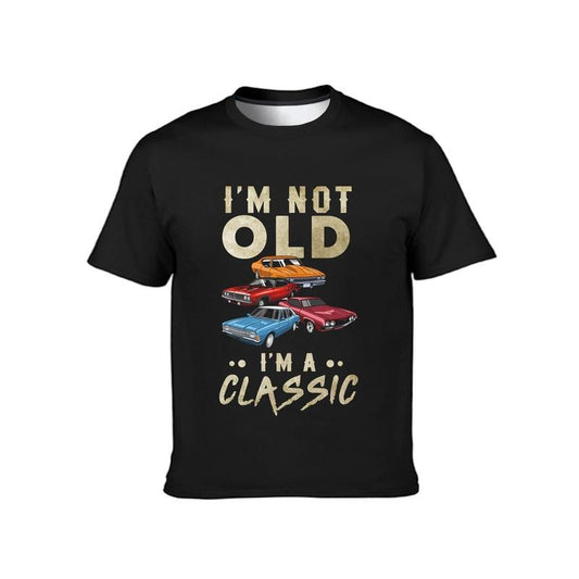 Classic Car Pattern Print Tee - Men's Crew Neck Short Sleeve T-Shirt for Summer Fashion, Casual Street Wear, and Vintage Car Enthusiasts - Unique Graphic Design and Humorous "I'M NOT OLD I'M A CLASSIC" Quote made in usa