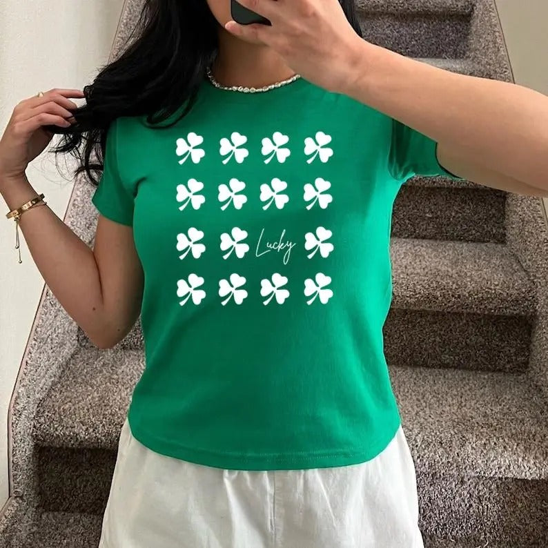 Clover Lucky Square St Patrick's Day Crewneck, Shamrock Baby Tee, Unisex Baby Tee, Saint Patrick's Day, St Patrick's Day Baby Tee, Irish , Y2K 2000's Style, Streetwear Style