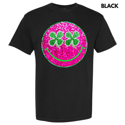 Clovers & Pink Faux Glitter Happy Face Comfort Colors T-Shirt 'NLB'