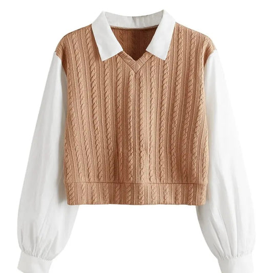 Collar Long Sleeve Shirt Ribbed Knit 2 in 1 Blouse Crop Top Sweater Shirt Top