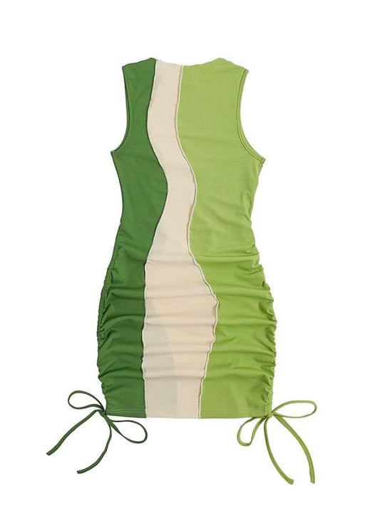 Color Block Ruched Bodycon Mini Dress Drawstring Round Neck Sleeveless Tank DressesY2K