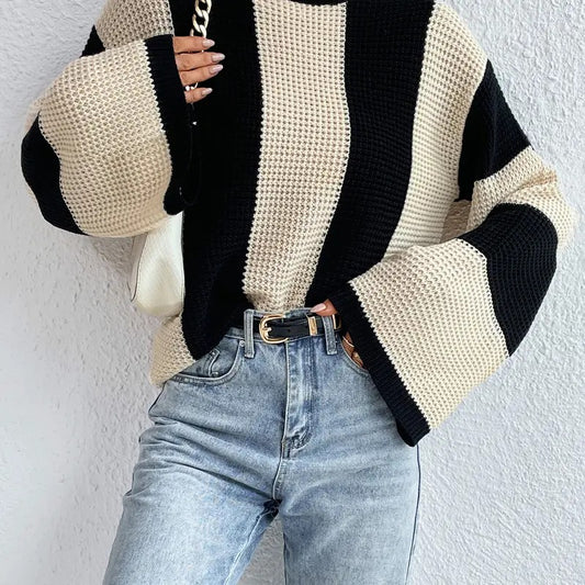 Colorblock Bell Sleeve Mock Neck Knit Sweater Pullover Top