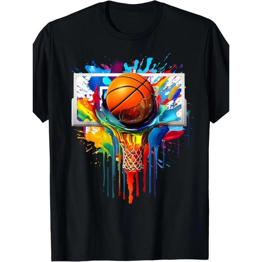 Colorful Basketball Tie Dye Color Splash Hoop Net Slam Dunk Men T-Shirt - 220g Cotton T-shirt, 10, 000 Links made in usa