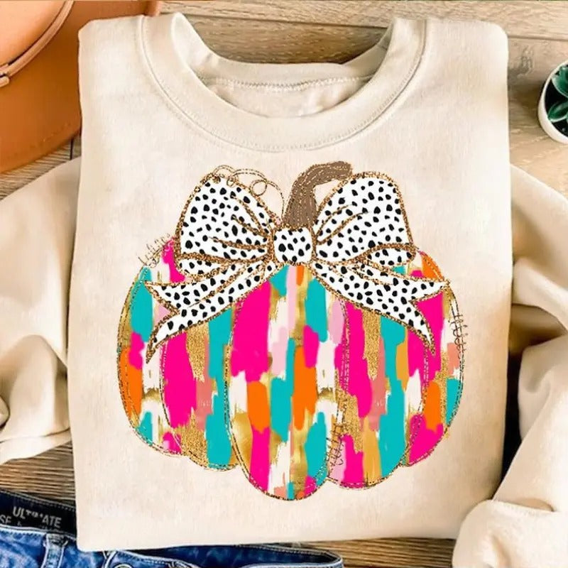 Colorful Coquette Gold Glitter Pumpkin Shirt, Girly Fall Pumpkin Sweatshirt, Bright Color Fall Pumpkin Tee, Dalmatian Dots Bow Fall Shirt