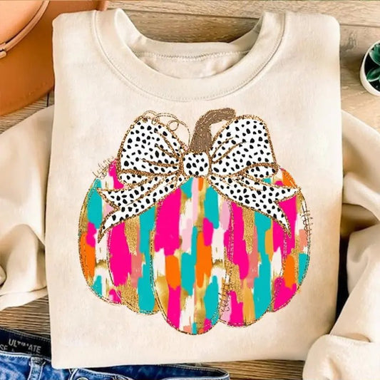 Colorful Coquette Gold Glitter Pumpkin Shirt, Girly Fall Pumpkin Sweatshirt, Bright Color Fall Pumpkin Tee, Dalmatian Dots Bow Fall Shirt
