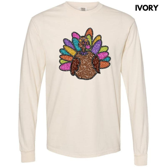 Colorful Turkey FAKE Glitter Long Sleeve Comfort Colors T-Shirt 'NLB'