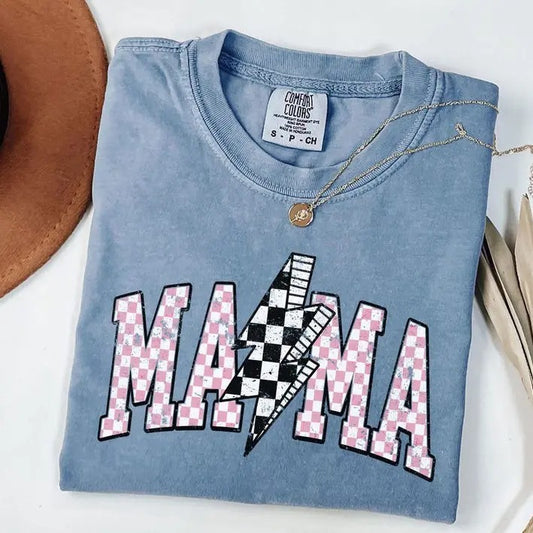 Comfort Color Lightning Bolt Mama Shirt Retro Checkered Mama T Shirt Comfort Colors Mama T-Shirt Mother's Day Presents for Mom Gift Homeschool Mom Shirt