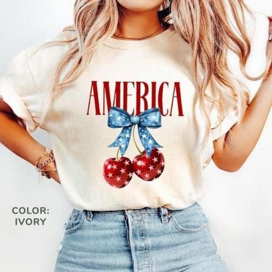 Comfort Colors America Cherries Tshirt, Cherry Bow Shirt, Trendy July 4th T shirt, 4th of july Woman Tees, Usa Flag Tee