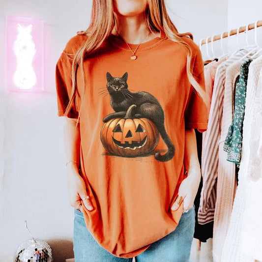 Comfort Colors Black Cat on Pumpkin Shirt, Black Cat t-shirt, Halloween Black Cat Shirt, Fall Shirt, Vintage 90s, Cat Lover