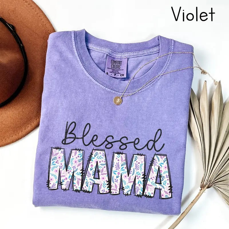 Comfort Colors Blessed Mama T-shirt, Floral Mama Shirt, Cute Mom Tee, Mothers Day Gift for Mom