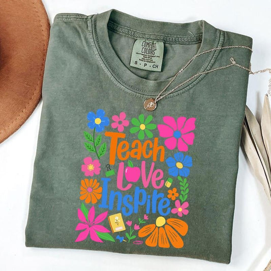 Comfort Colors Boho Floral Teacher Shirt, Teach Love Inspire Tee, Back To School Shirt, Teacher Appreciation T-Shirt, Gift For Teacher