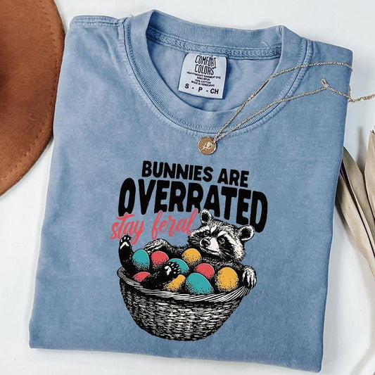 Comfort Colors Bunnies Are Overrated Stay Feral T-shirt, Funny Easter Raccoon Shirt, Humorous Easter Gift, Retro Easter Bunny Crewneck