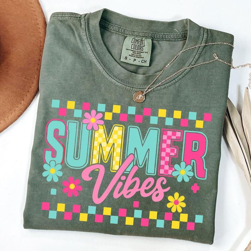 Comfort Colors Checkered Summer Vibes Shirt, Retro Summer Shirt, Retro Floral Shirt, Hello Summer T-Shirt, Unisex T-Shirt