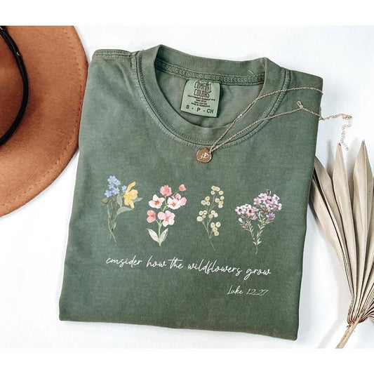 Comfort Colors Consider How The Wildflowers Grow Outfit,Luke 12:27 Shirt,Women's Bible Shirt,Motivational Faith Apparel, Prayer Gift