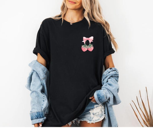 Comfort Colors Coquette Strawberry Bow Tee Shirt - Short Sleeve Crew Neck Top for Women's Summer Casual Womenswear