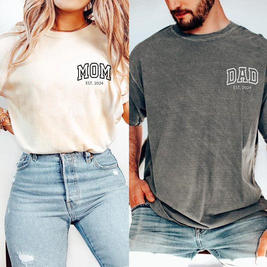 Comfort Colors Custom Mom  Dad T-shirt, Personalized Mama & Dad Pocket Shirt, Pregnancy Announcement Tee, Matching Parents Outfit Gifts