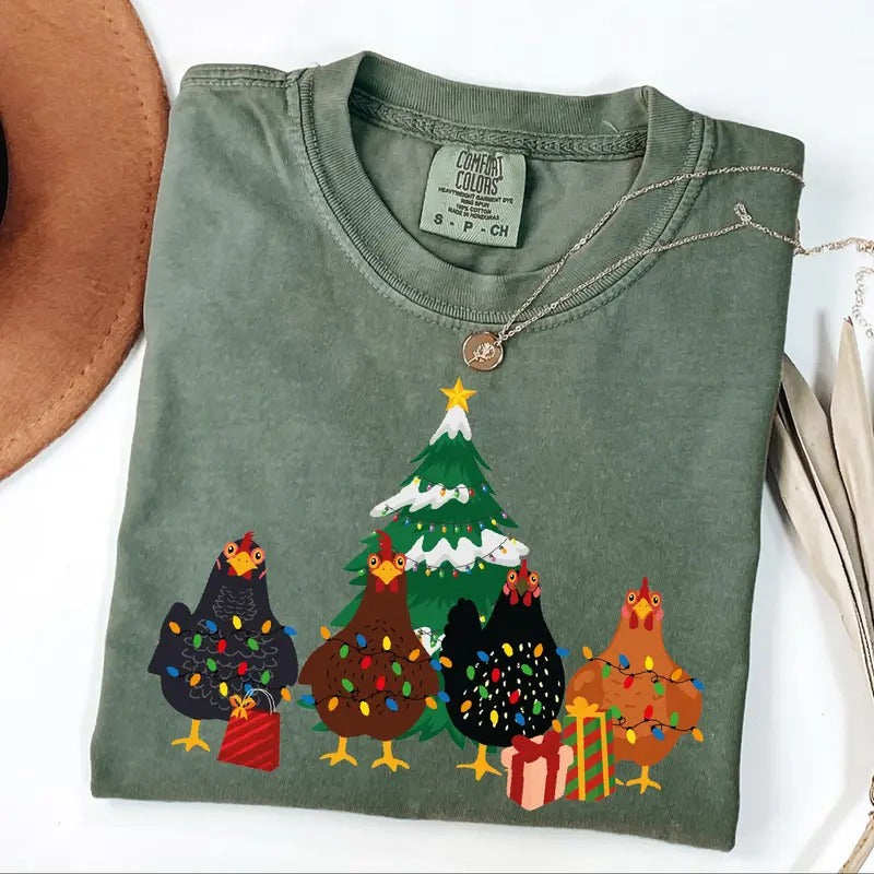 Comfort Colors Cute Christmas Chickens Shirt, Farm Chickens Shirt, Animals Christmas Shirt, Festive Holiday Shirt, Merry Christmas Tee