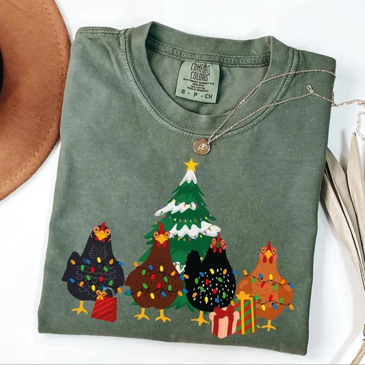 Comfort Colors Cute Christmas Chickens Shirt, Farm Chickens Shirt, Animals Christmas Shirt, Festive Holiday Shirt, Merry Christmas Tee