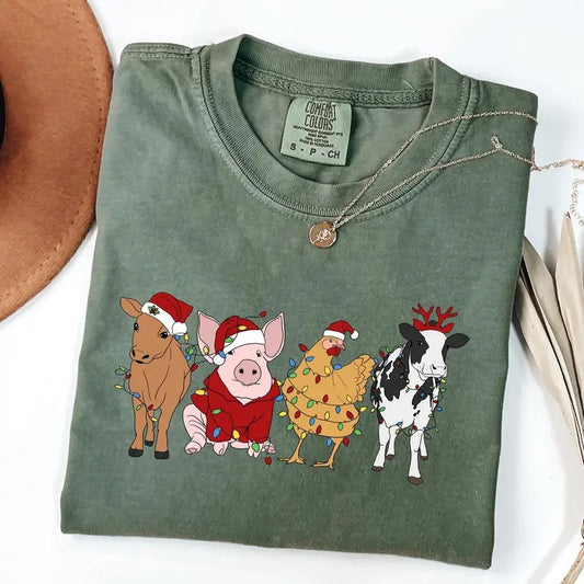 Comfort Colors Farm Animals Christmas Shirt, Christmas Farm Animals, Christmas Chicken Cow Shirt