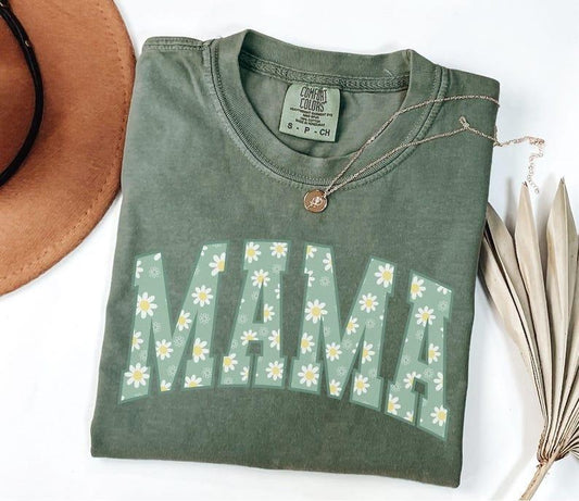 Comfort Colors Floral Mama Shirt, Daisy Mom Tee, Trendy Mom Tshirt, Women's Flower Mama Shirt, Spring Pregnancy Reveal Gift for New Mom