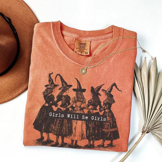 Comfort Colors Girls Will Be Girls Witch Shirt, Funny Witch T-Shirt, Halloween Women Shirt, Witchy Vibes Shirt, Halloween Party T-Shirt