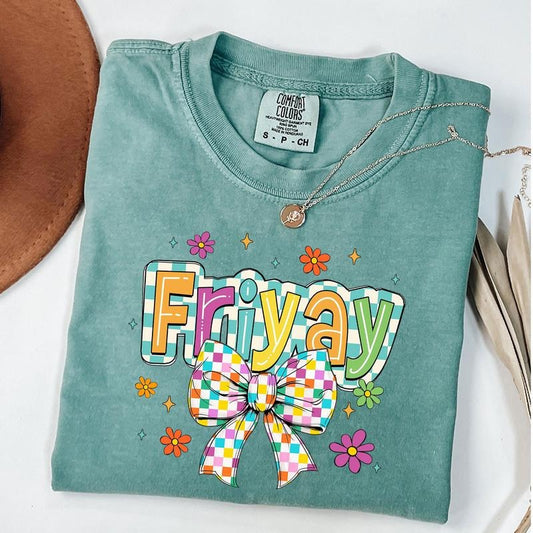 Comfort Colors Happy Friyay Shirt, Retro Friyay Checkered Shirt, Friday Shirt, Checkered Coquette Bow T-Shirt, Gift for Teacher Tee