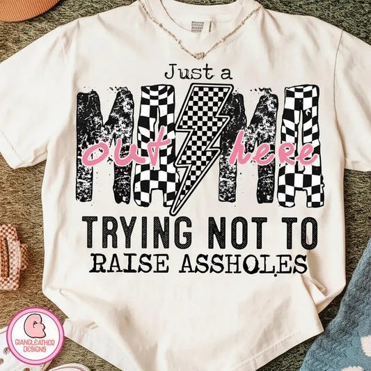 Comfort Colors Just A Mom Out Here T-shirt, Funny Mom Tshirt, Sassy Mama Shirt, Motherhood Sarcasm Mom T shirt, Checkered Mama, Mother's Day Gift Tshirt