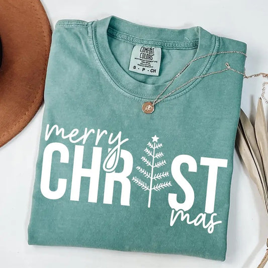 Comfort Colors Merry Christmas Tree Shirt, Merry & Bright Christmas T-Shirt, Cute Christmas Gift, Christmas Family T-Shirt, Xmas Shirt