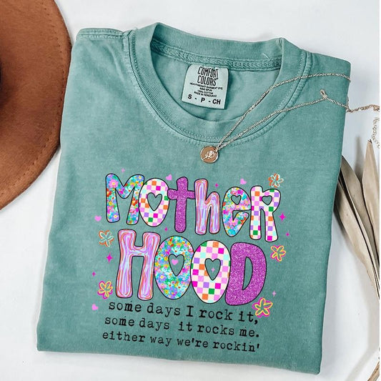 Comfort Colors Motherhood Coquette Bow Checker Shirt, Neon Mother Hood T-Shirt, Funny Mom Tee, Sarcastic Mama Retro