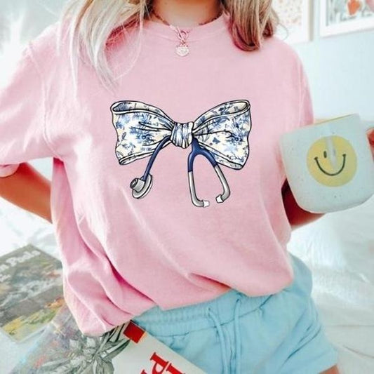 Comfort Colors Nurse Toile Bow T-Shirt, Stethoscope Bow Shirt, Nurse Coquette TShirt, Gift for Nurse, Healthcare Professionals T Shirt, Nurse Appreciation