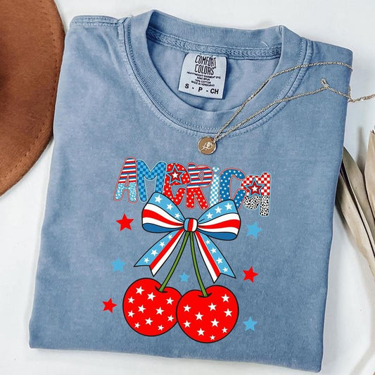 Comfort Colors Preppy America Cherries Shirt, 4th of July T-Shirt, Retro Usa Flag T-Shirt, Cherry Bow Shirt, Unisex T-Shirt