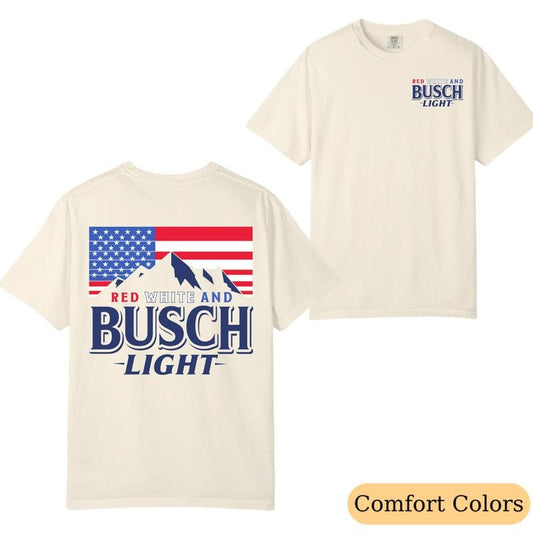 Comfort Colors Red White and Busch Light 2-Sided T-Shirt, Patriotic American Flag Beer Tee, Funny 4th of July Graphic Shirt, Casual Streetwear Top