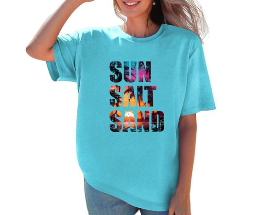 Comfort Colors SUN SALT SAND Casual Tee Shirt - Blue with "SUN SALT SAND" Text, Short Sleeve, Comfortable Womenswear Top for Beach and Streetwear