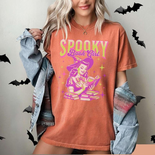Comfort Colors Spooky Book Girl Halloween Witch Shirt, Bookish Gift Bookworm Tshirt Scary Book Lover Reader Tee Aesthetic Oversized Trendy