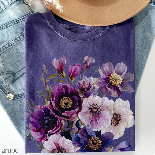 Comfort Colors Vintage Pressed Flowers Shirt Boho Cottagecore Tshirt Botanical Purple Floral Tee Wildflowers Top Anemones Gift Garden Lover