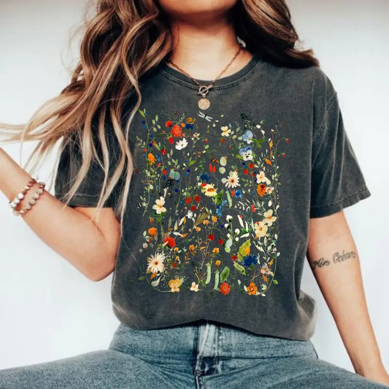 Comfort Colors Vintage Pressed Flowers Shirt, Boho Cottagecore Tshirt, Botanical Floral Tee Wildflowers shirt, Fairycore Gift Garden Lover