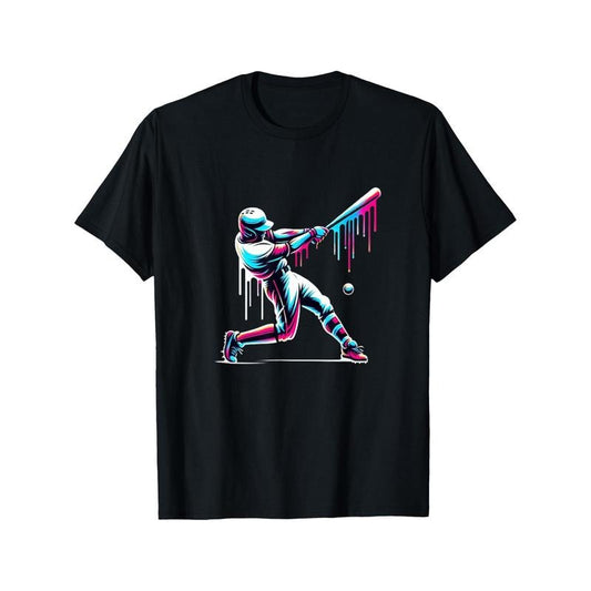 Comfortable Four-Season Men's Baseball Player's Oil Paint Drops Print T-Shirt, Casual Round Neck Short Sleeve Cotton Tee made in usa