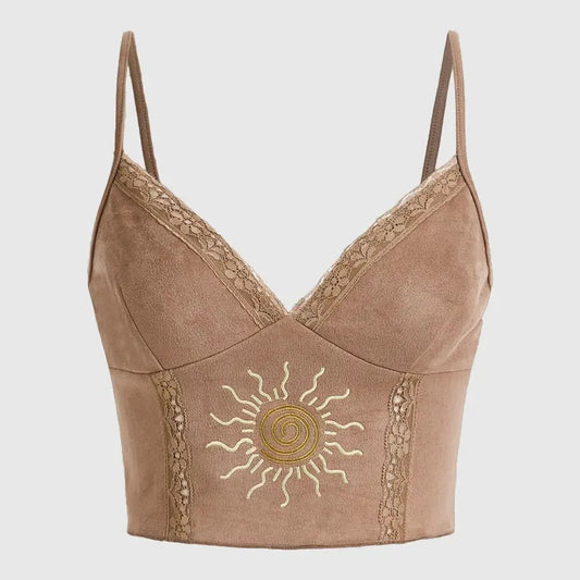 Contrast Lace Sun Embroidery Cami Crop Top Slim Fit Tops