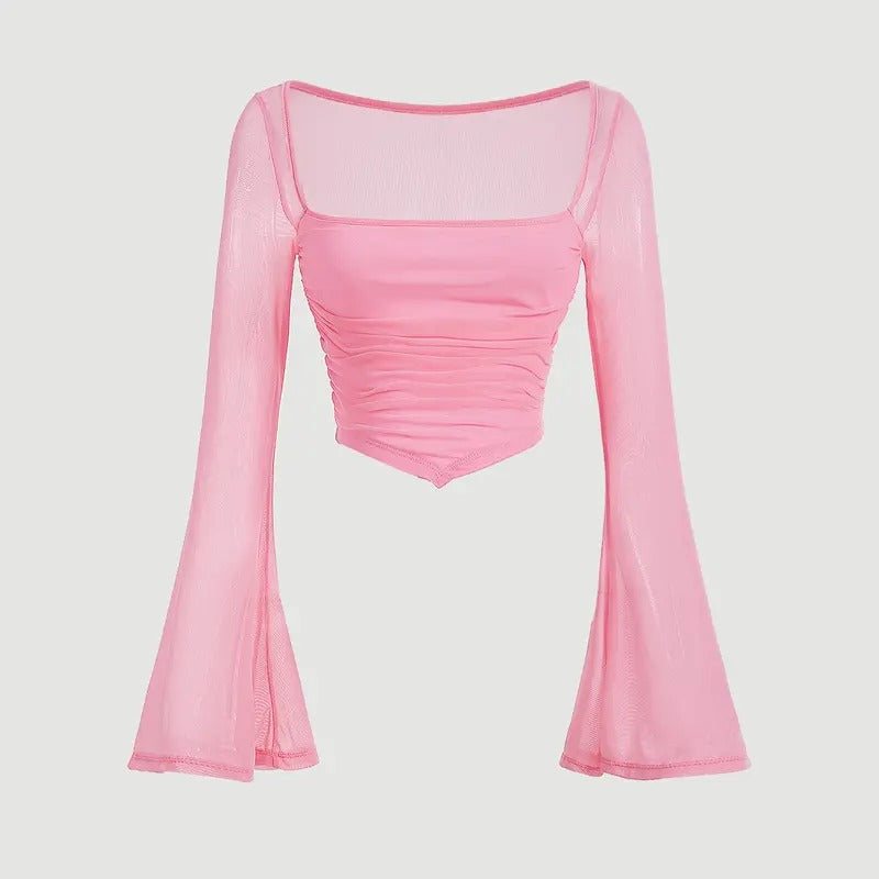 Contrast Mesh Ruched Square Neck Bell Sleeve Crop Tee Top T ShirtY2K