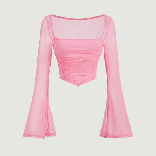 Contrast Mesh Ruched Square Neck Bell Sleeve Crop Tee Top T ShirtY2K