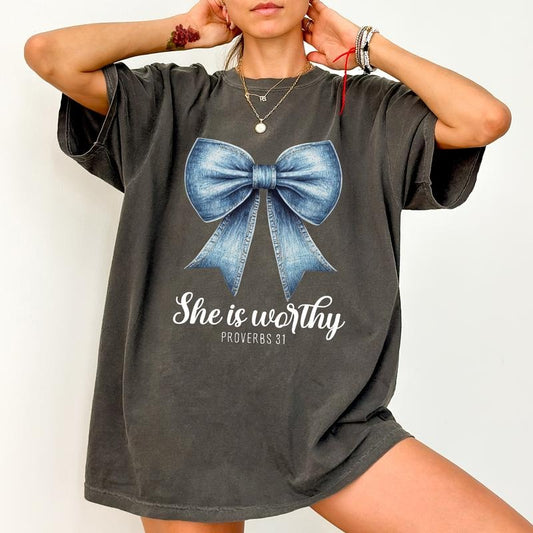 Coquette Blue Bow She is Worthy Shirt Comfort Colors, Bible Verse Proverbs 31 Tee, Riligious Gifts, Christian Womenswear