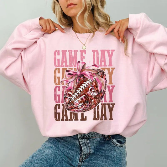 Coquette Bow Disco Football Game Day Sweatshirt, Football Crewneck for Girls, Cheer Sweatshirts For Women, Game Day Tee, Touchdown Season Crewneck, Fall Sports Sweater, Comfy Long Sleeve Pullover, Women's Tops, Casual Womenswear, Comfort Fabric Cotton Top