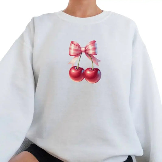 Coquette Cherry Pink Bow Sweatshirt, Women's Trendy Crewneck, Graphic Shirt For Women, Valentines Sweatshirt, Gifts For Women, Long Sleeve Crewneck Shirt, Valentine Gift Ideas, Gifts For Valentines Day Vday Lovers Day