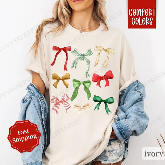 Coquette Christmas Bow Shirt Comfort Colors,  Cute Christmas Tee, Women's Holiday Tshirt