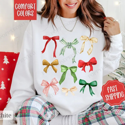 Coquette Christmas Bow Sweatshirt Comfort Colors,  Cute Christmas Sweater Womenswear,  Holiday Crewneck