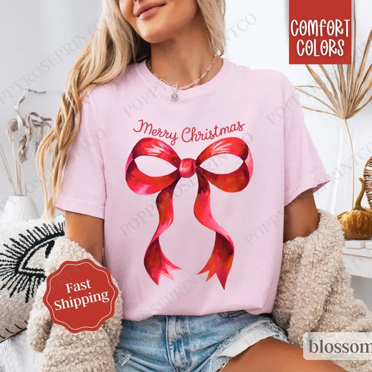 Coquette Christmas Shirt Comfort Colors, Preppy Merry Christmas Tshirt,  Womens Holiday Tee